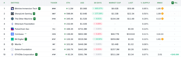 Найбільші власники Ethereum серед публічних компаній