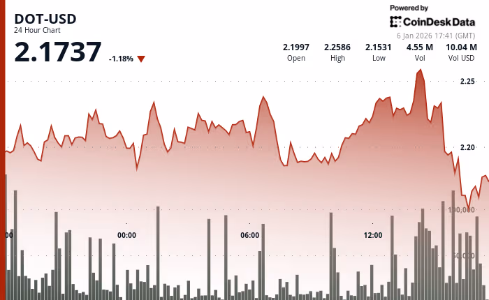 Графік ціни Polkadot (DOT) показує падіння на 1,63% до $2,16 зі значним розпродажем наприкінці сесії, що подолав рівень підтримки $2,19.