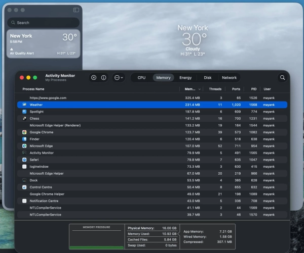 Приклад споживання пам'яті додатком Погода в macOS